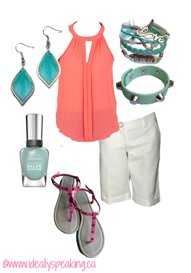 Cute summer outfit! Sleeveless coral top with turquoise accessories.