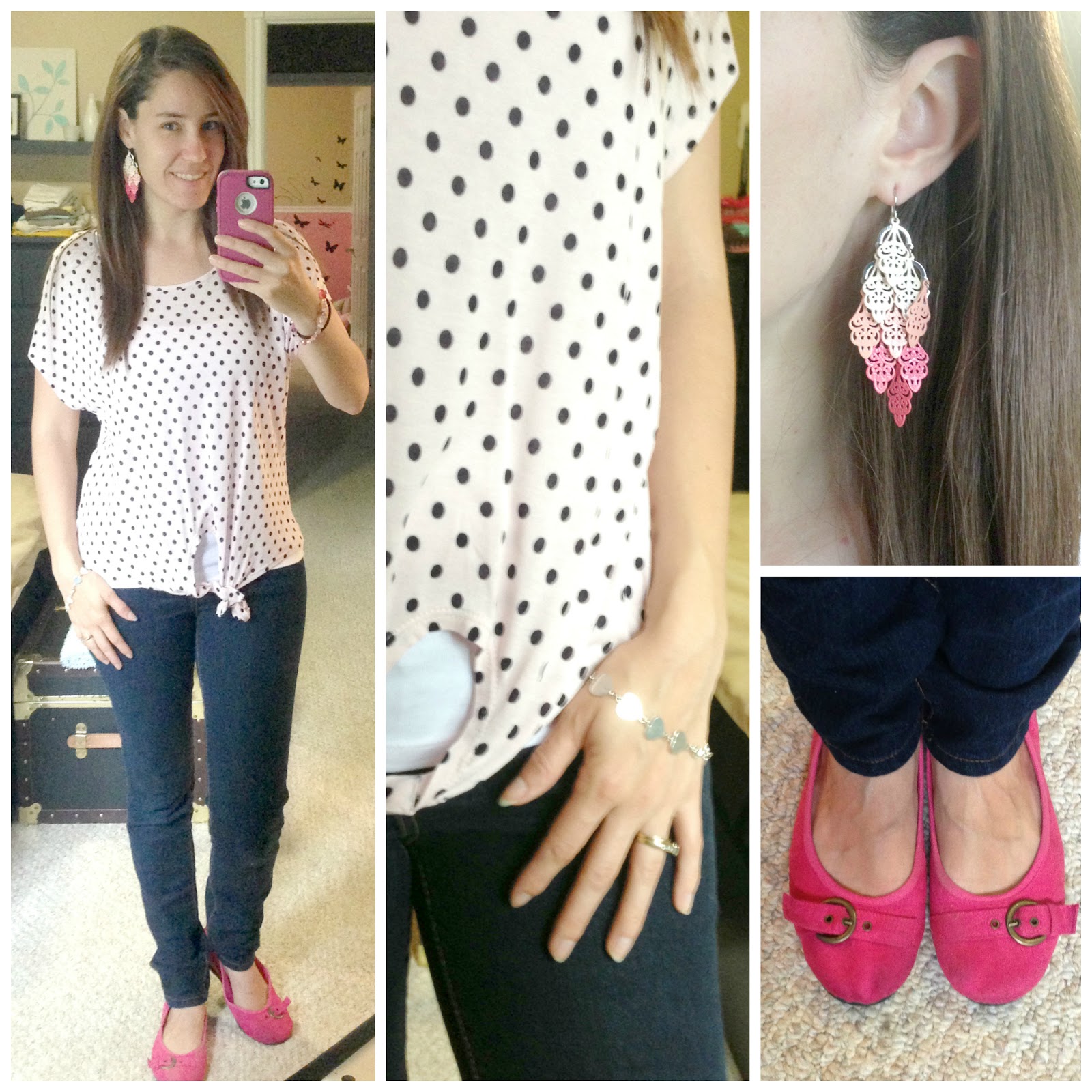 Light pink polka dot t-shirt & skinny jeans. Cute look for summer.