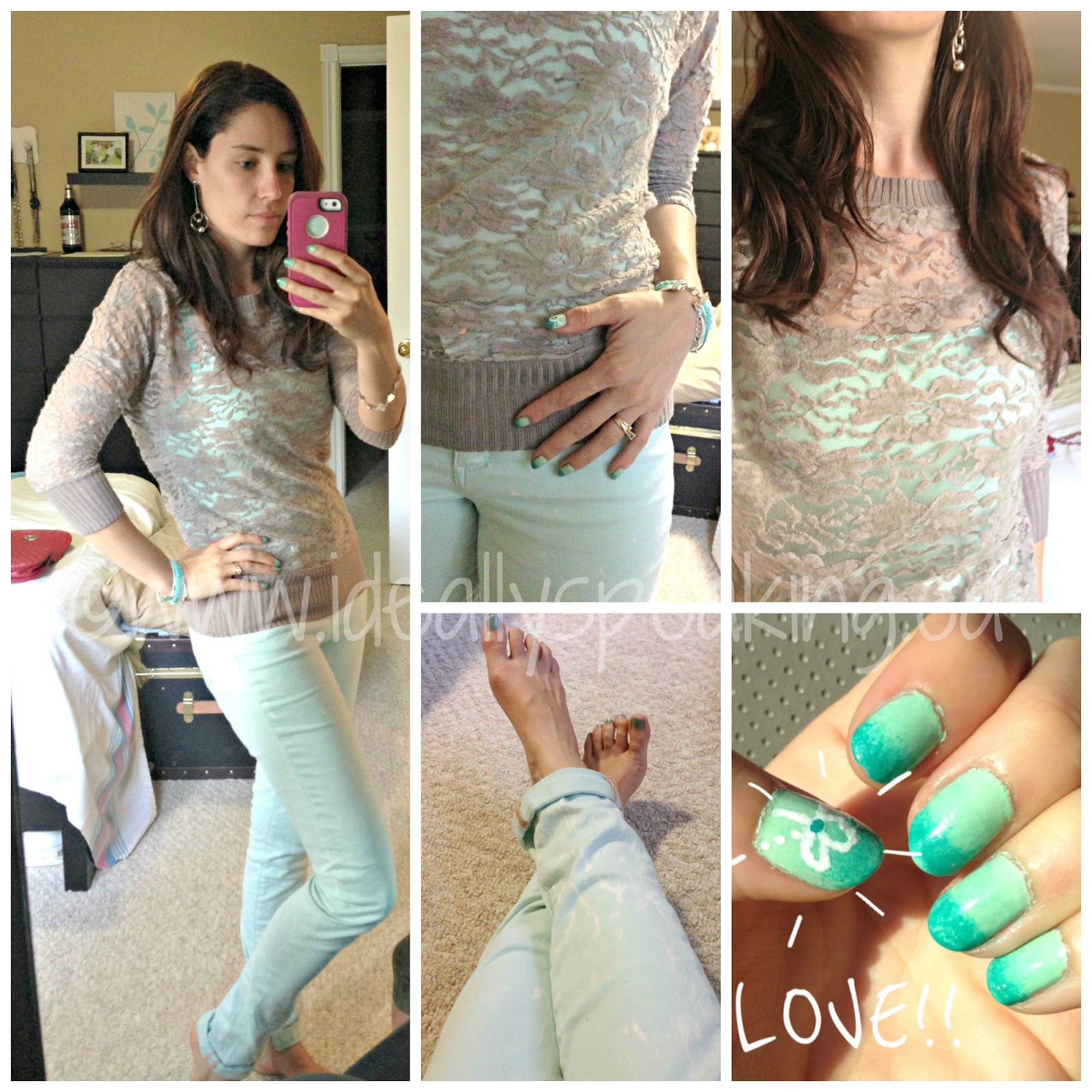 Adorable lace sweater, light blue skinny jeans & matching ombre nails. LOVE!